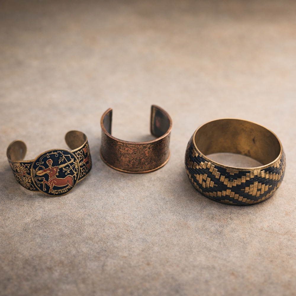 Vintage Boho Bracelet Set – Sagittarius Cuff, Etched Copper Cuff, Woven Bangle